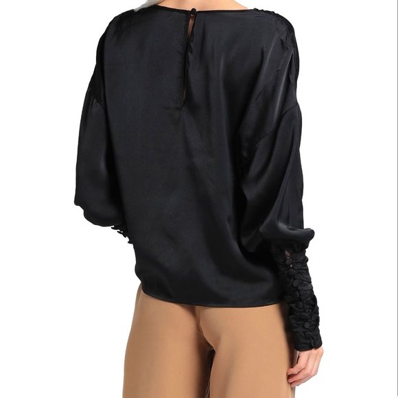 Satin black blouse long sleeves buttoned cuffs - Picture 4 of 9